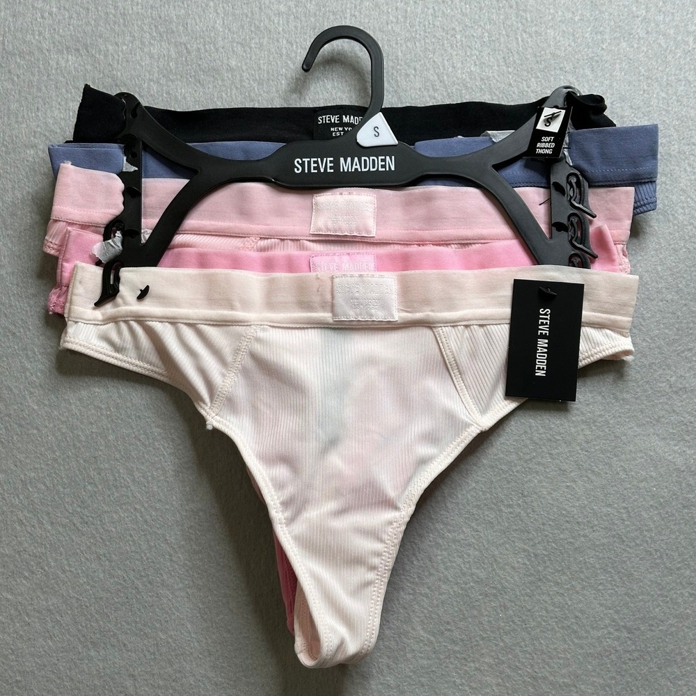 Steve Madden Womens 5 Pack Thongs S Multicolor NWT Ribbed Soft Logo Intimates